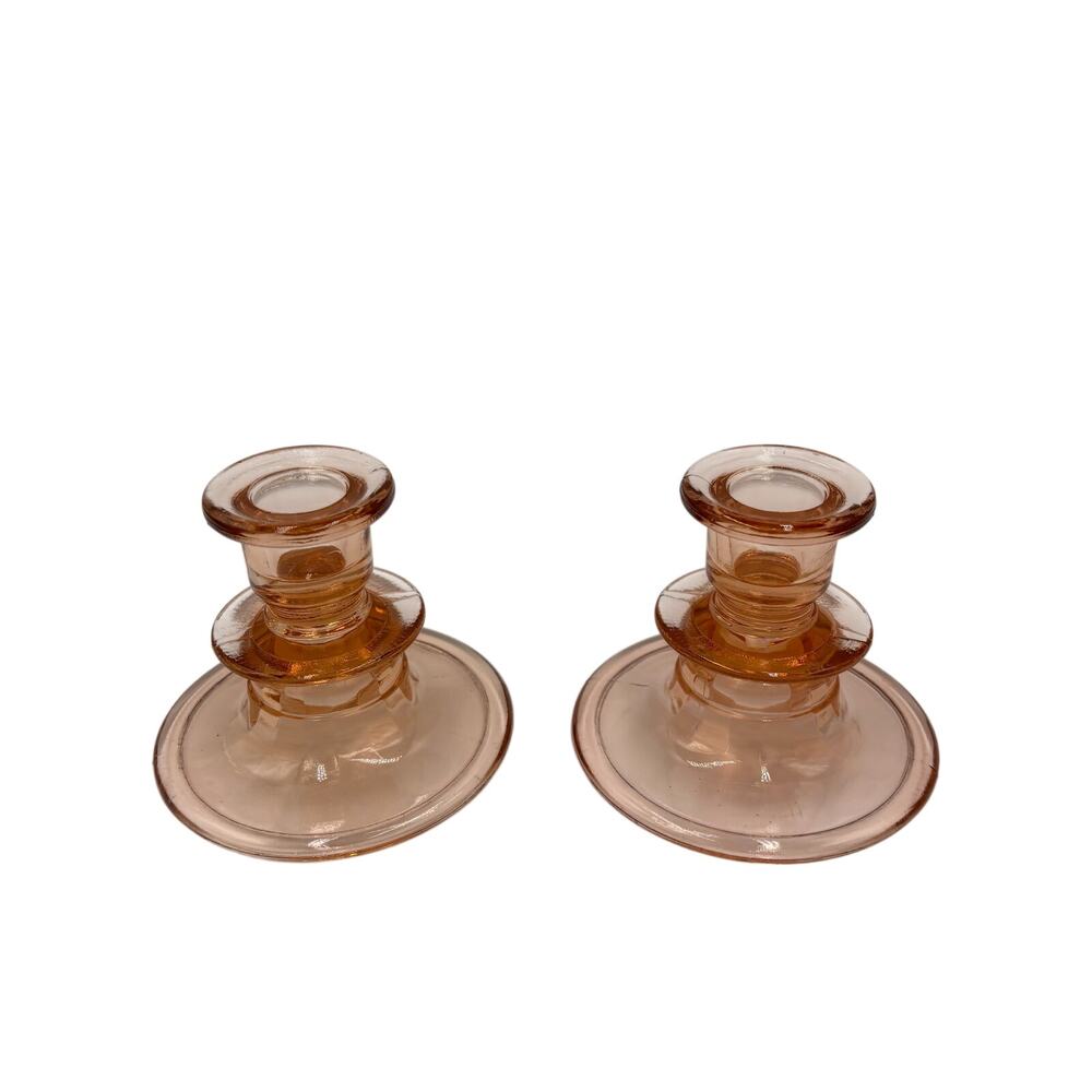 Vintage 1930s Depression Glass Pair of Candlesticks in Pink